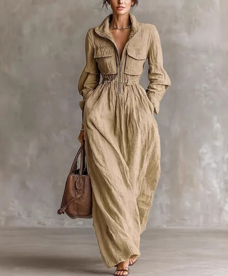Women's Zipper Collar Elastic Waist Long Dress eprolo