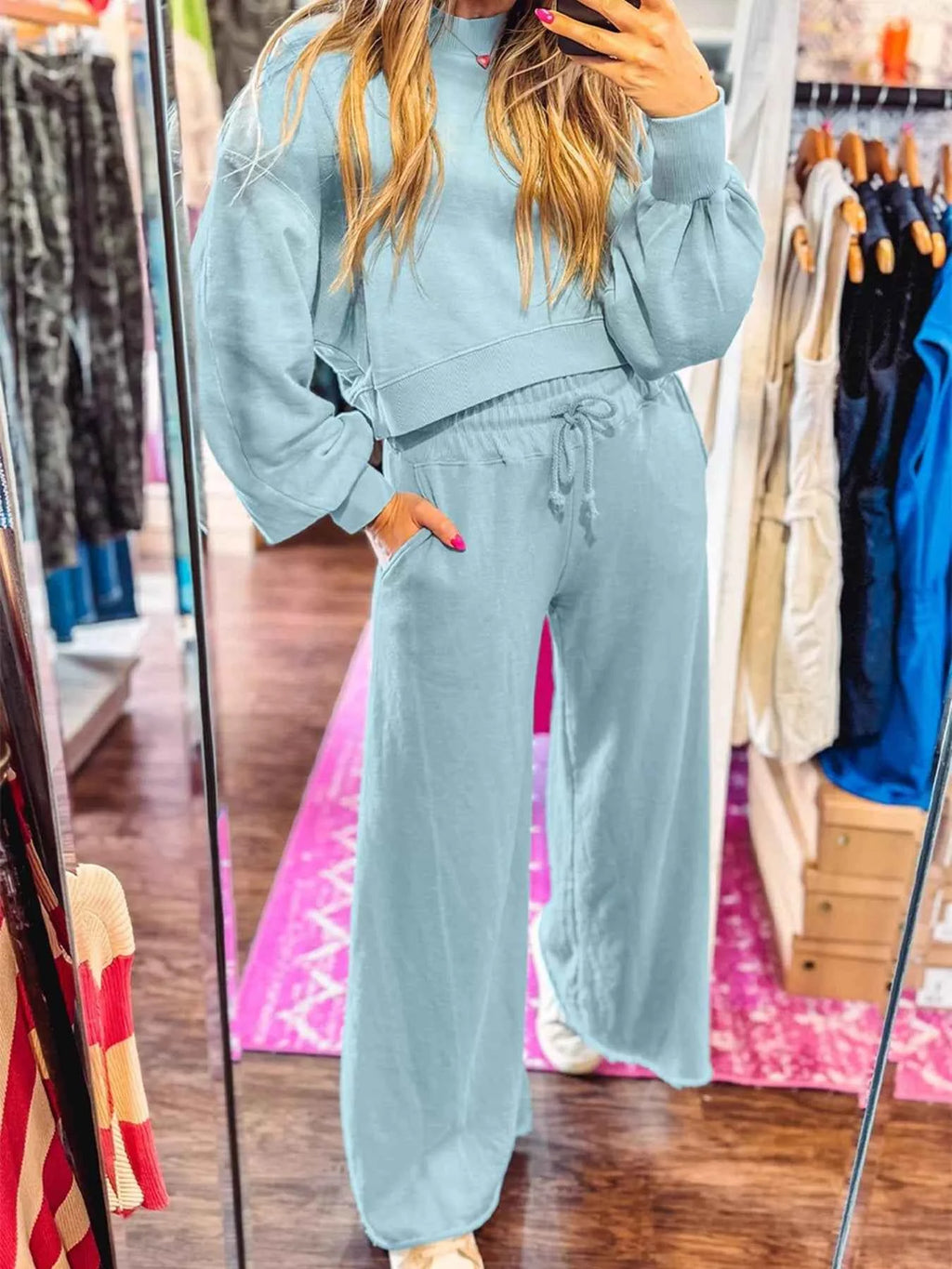 Drop Shoulder Puff Sleeve Crop Top and Drawstring Wide Leg Pants Set