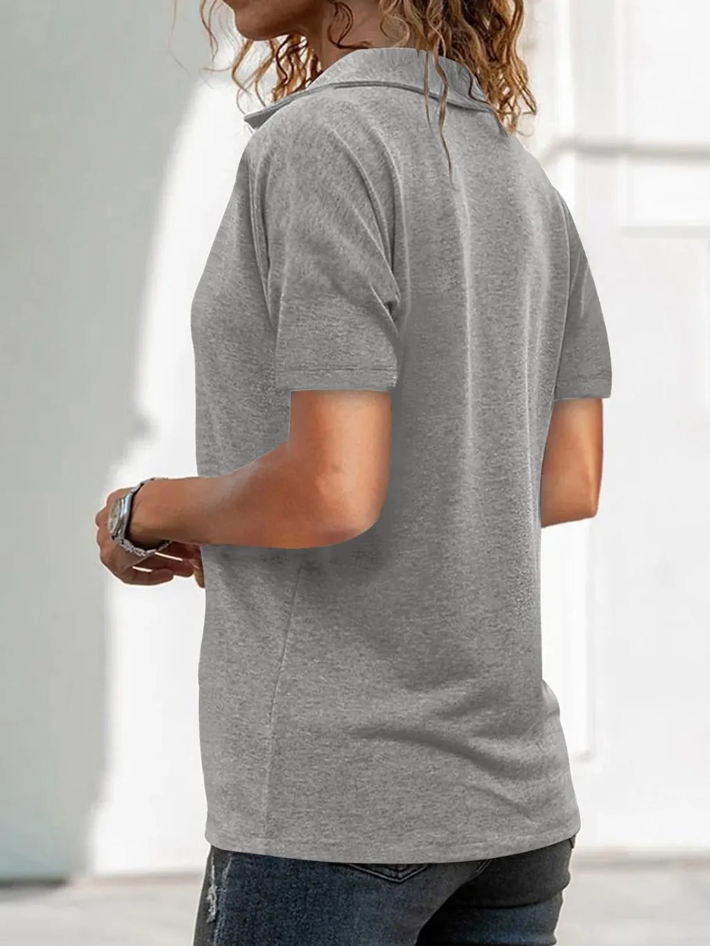 Zip Collar Short Sleeve Top.