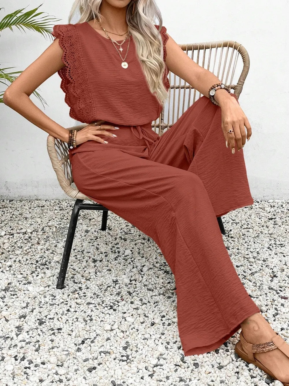 Lace Trim Round Neck Top and Pants Set - CHIC TB