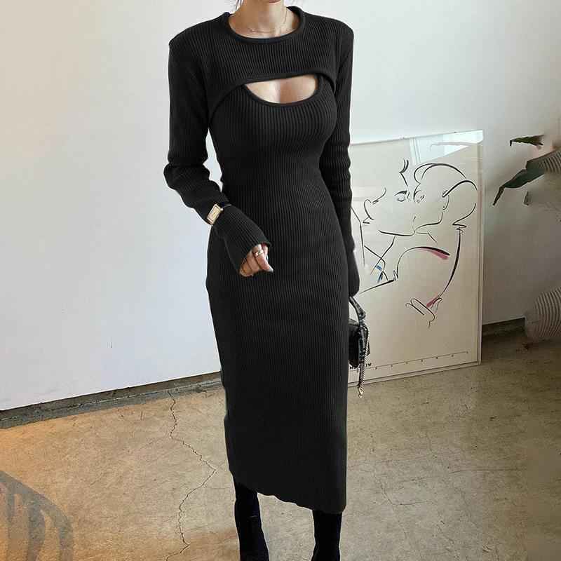 Hollow out shawl sweater slim fit slit suspender dress two-piece set for women