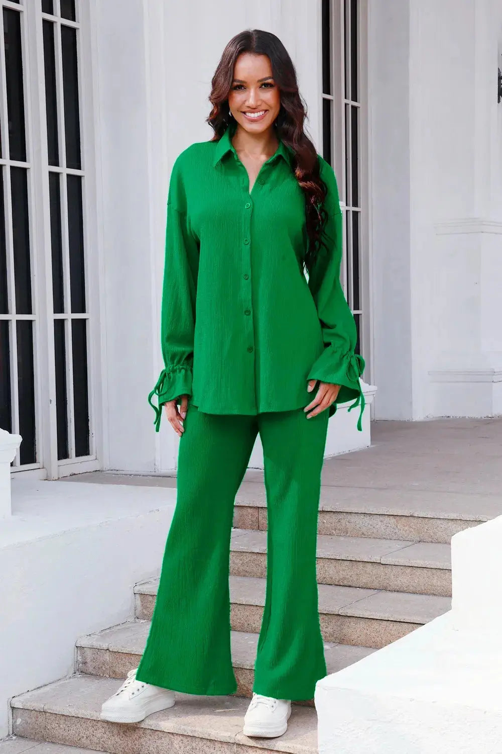 Drawstring Flounce Sleeve Shirt and Pants Set.