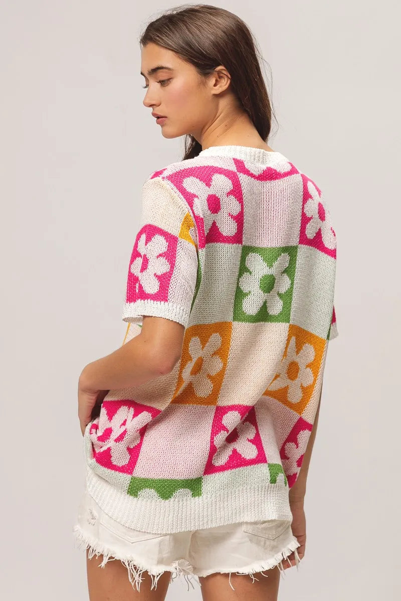 Flower Checker Pattern Lightweight Sweater Top.
