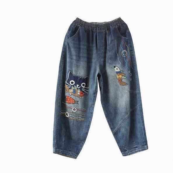 Retro Cartoon Owl Applique Embroidery Denim Pants Women Loose Plus Size Slimming Cuffed Ankle-Length Dad Harem Pants