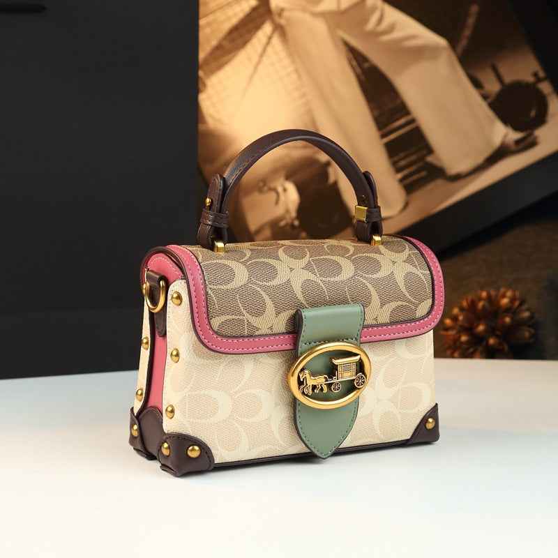 Leather Small Square Bag for Women, Fashionable Magenta Color, Handheld Mini Bag, Elegant and Stylish, Shoulder Crossbody Bag