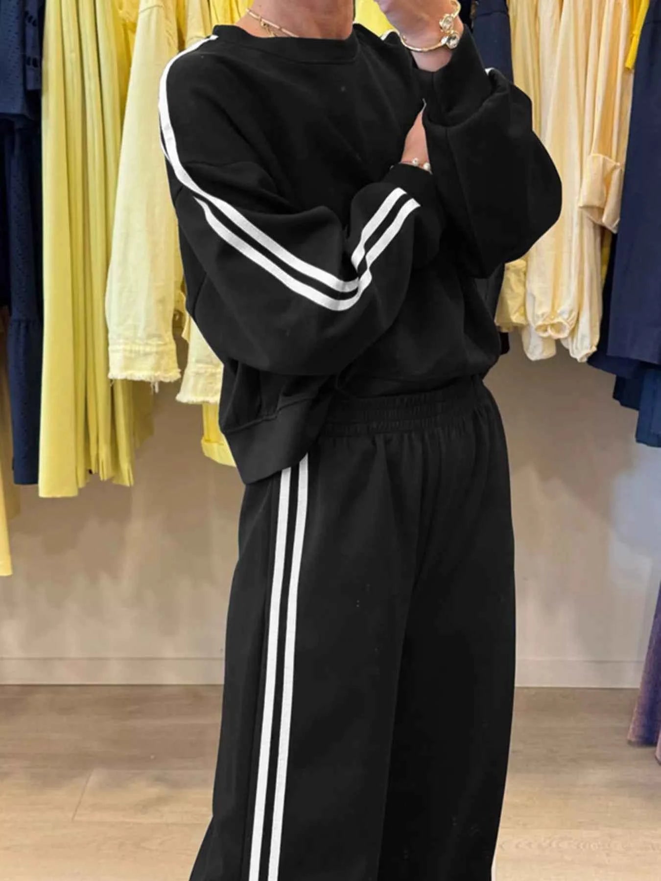 Striped Detail Crewneck Top and Elastic Sweatpants 2pcs Set
