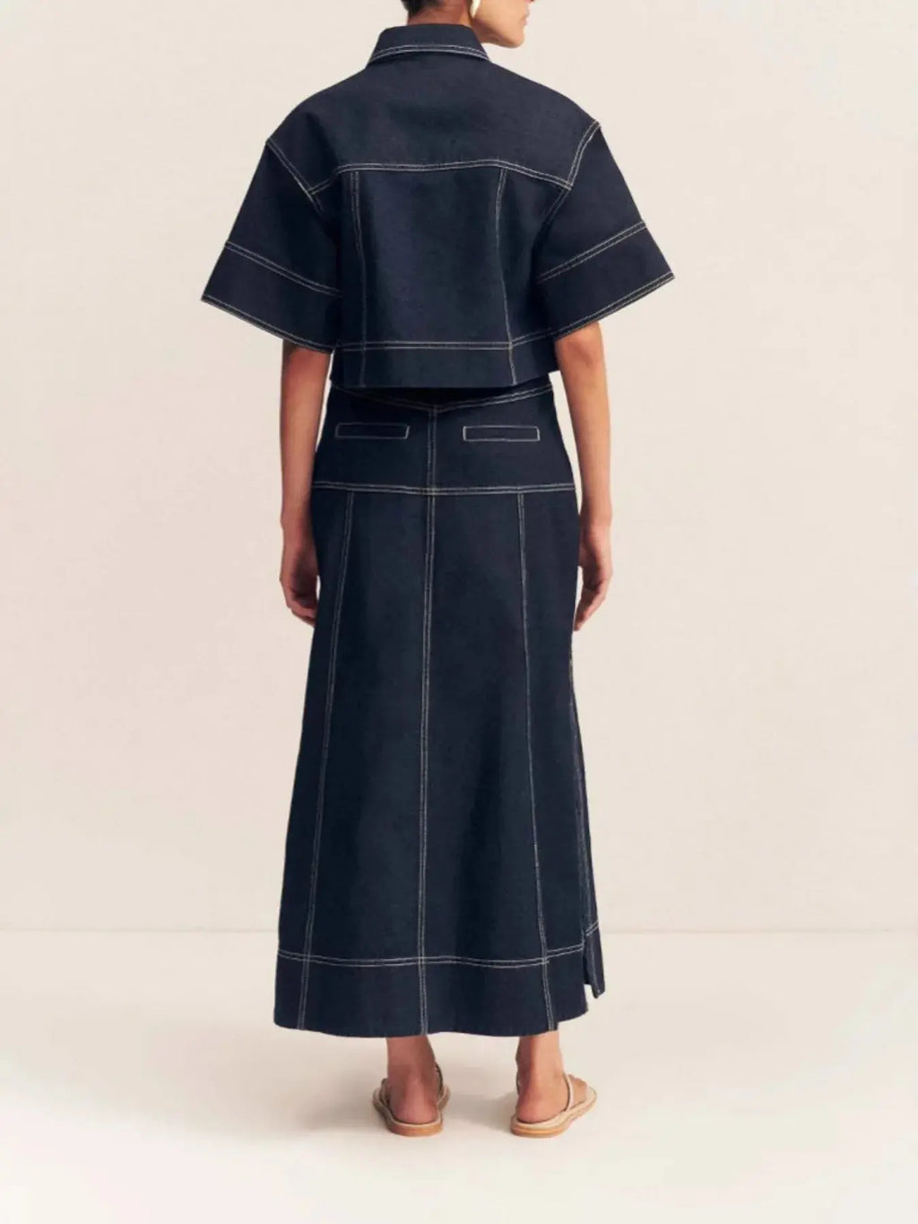 High-Waist Side Slit Contrast Stitch Denim Maxi Skirt.