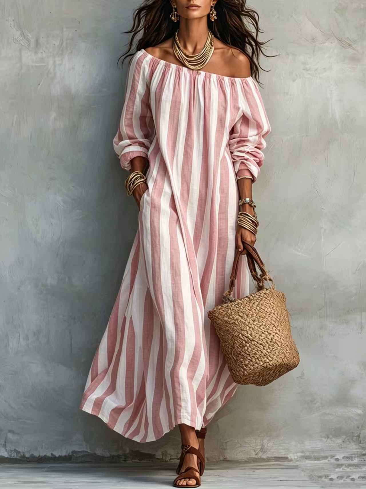 Striped Off Shoulder Vacation Dress