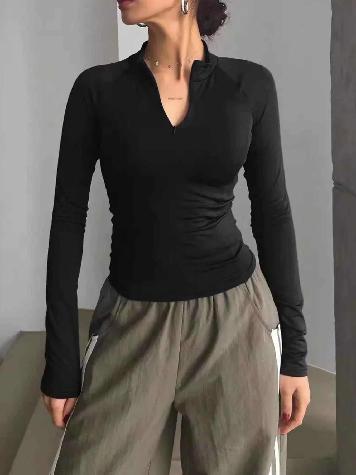 Long Sleeve Zip Front Fitted T-Shirt