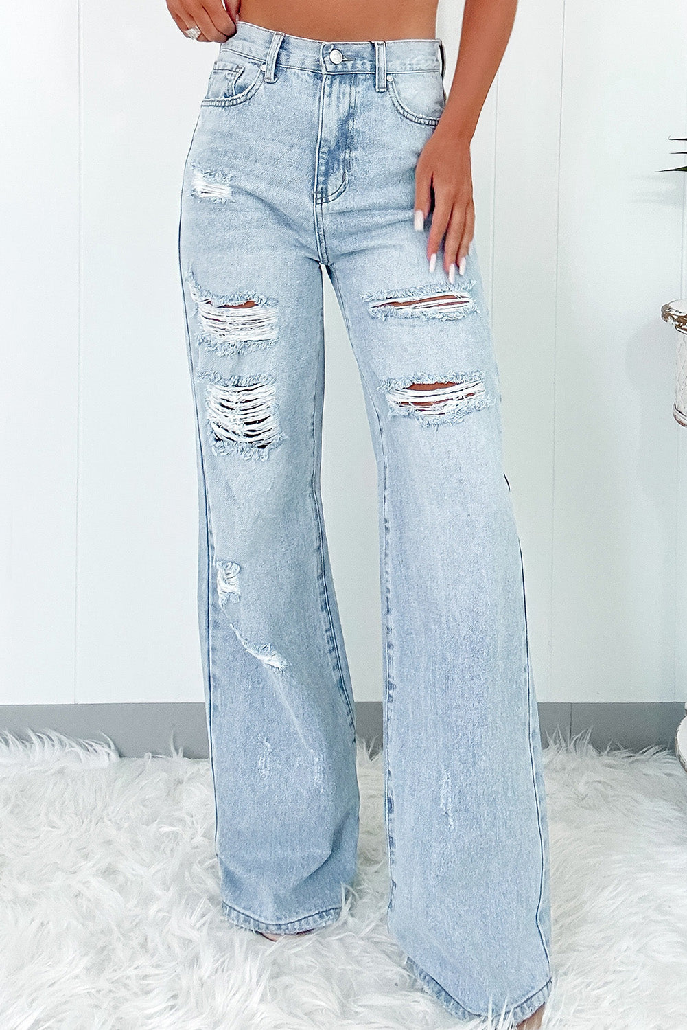 Beau Blue Light Wash Distressed High Waist Wide Leg Jeans Dear-Lover Dropshipping