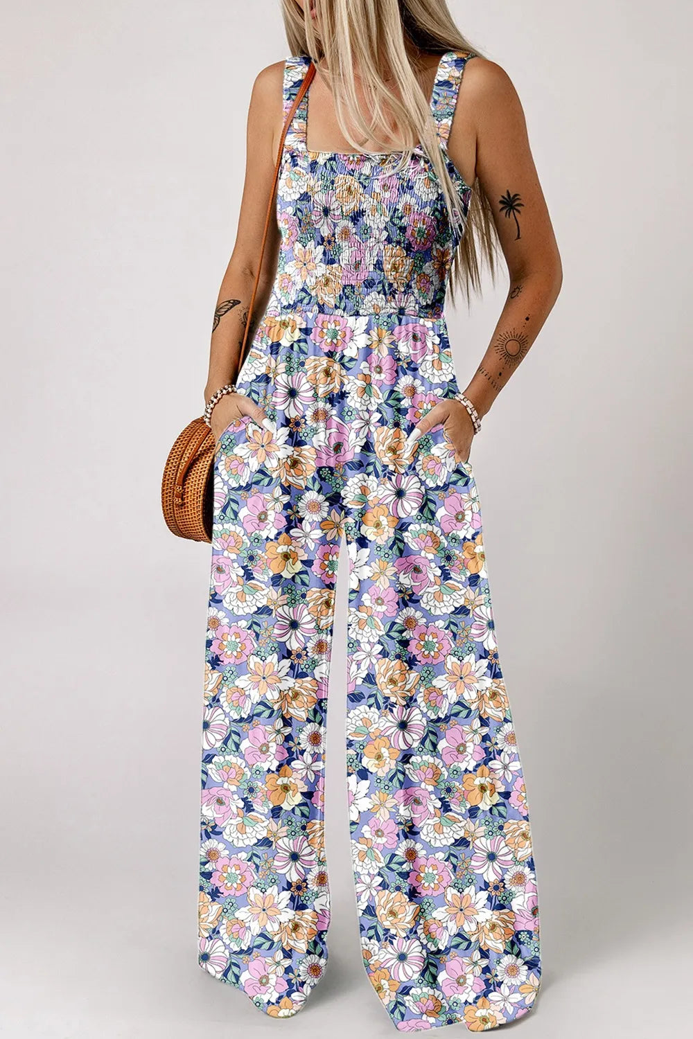 Floral Print Smocked High Waist Square Neck Jumpsuit.