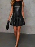 Faux Leather Ruffle Hem Sleeveless Mini Dress