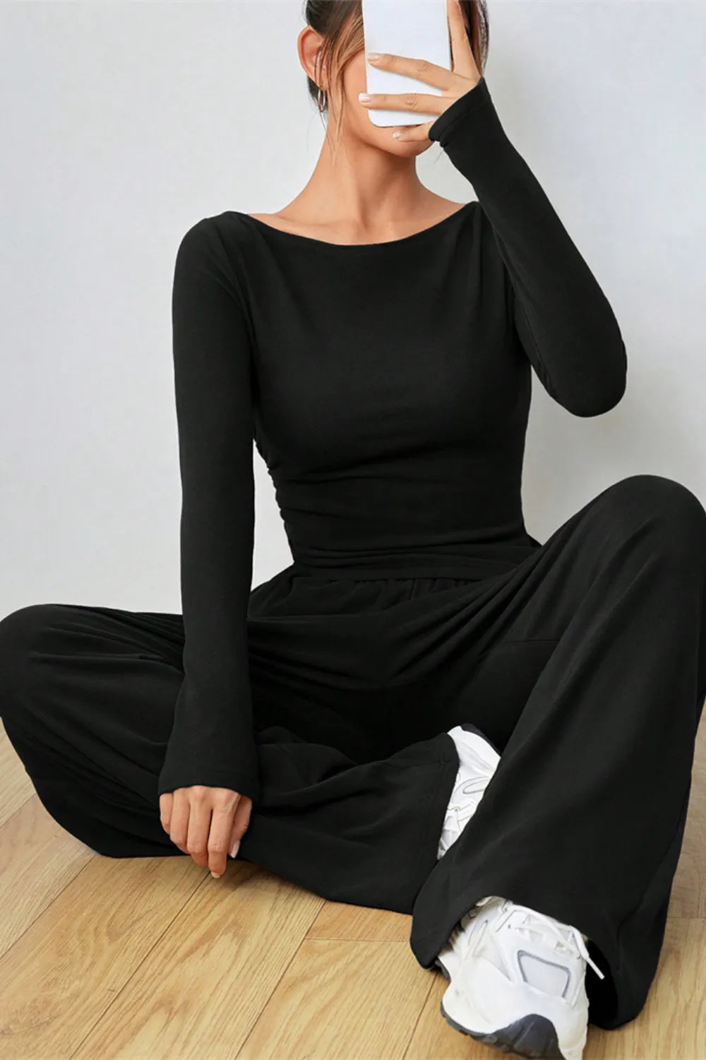 Boat Neck Long Sleeve Top and Pants Set.
