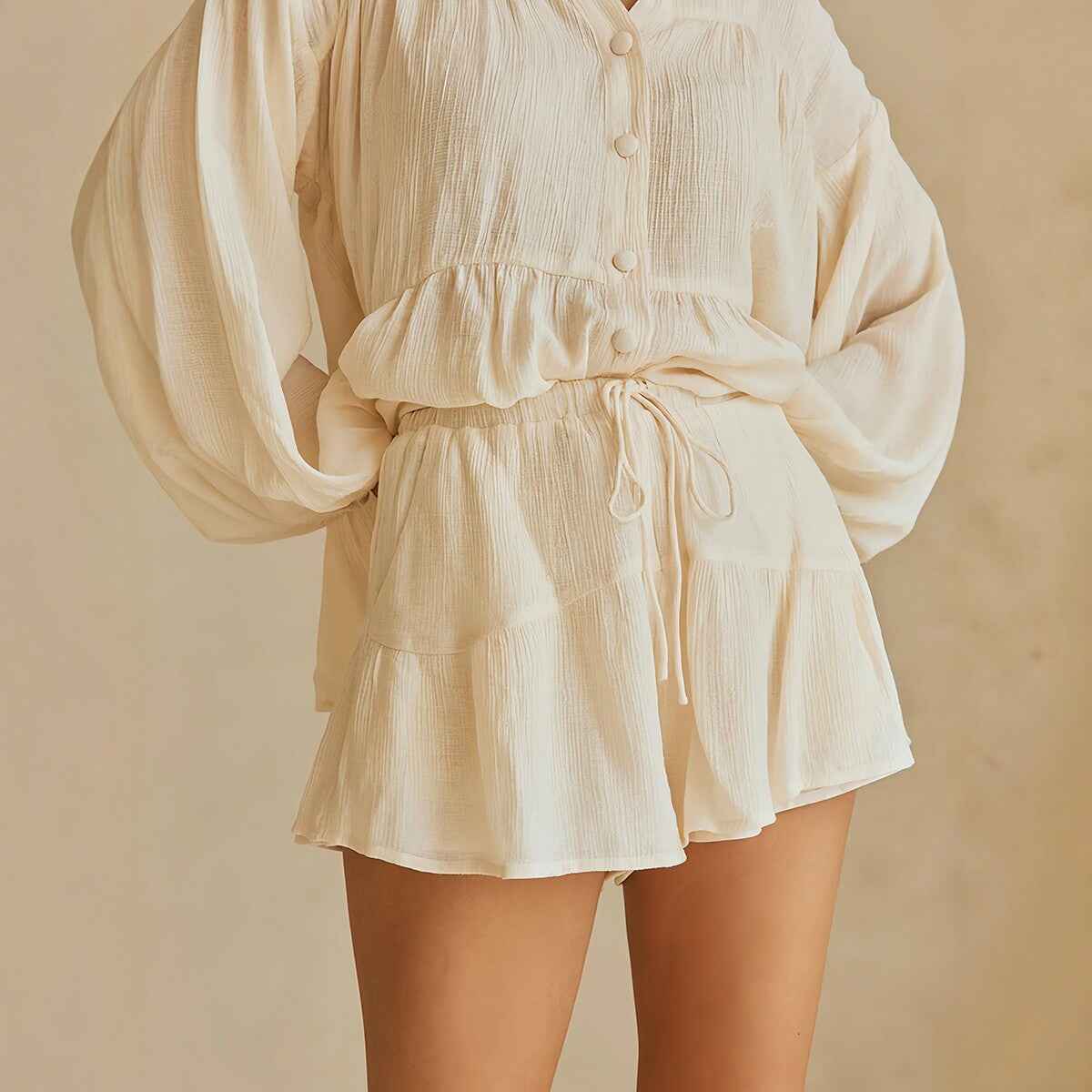 Lantern Sleeve Shirt and Shorts Set for Women, Loose Belted Casual Vacation Two-Piece Outfit