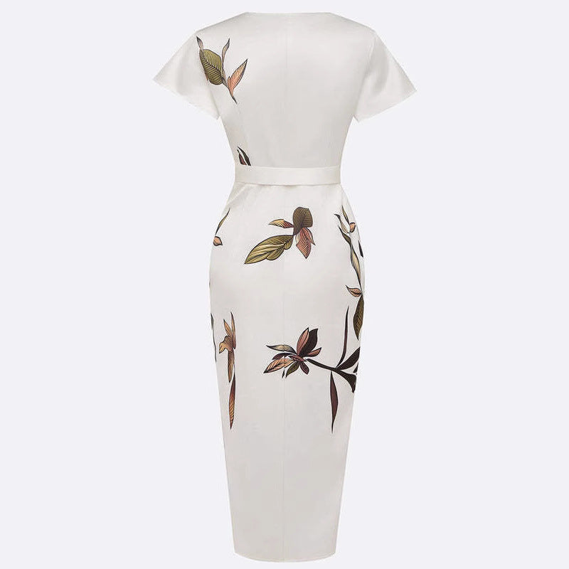 Fashion Satin Printed Belted Dress