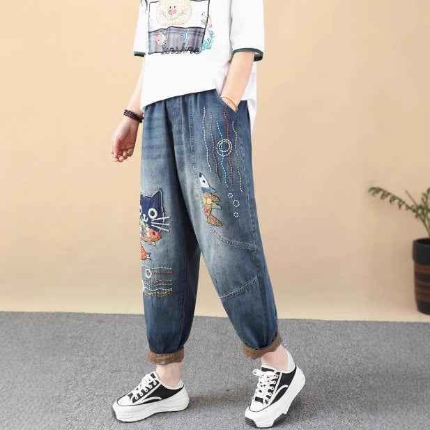 Retro Cartoon Owl Applique Embroidery Denim Pants Women Loose Plus Size Slimming Cuffed Ankle-Length Dad Harem Pants