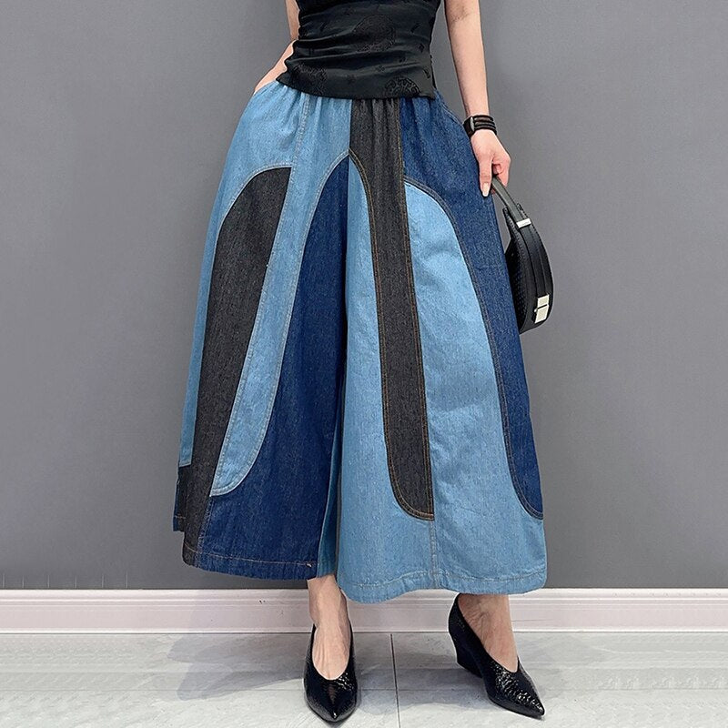 Fashion Casual Patchwork Elastic Waist Wide Leg Pants Ankle Length Pants Trendy Women Pants eprolo