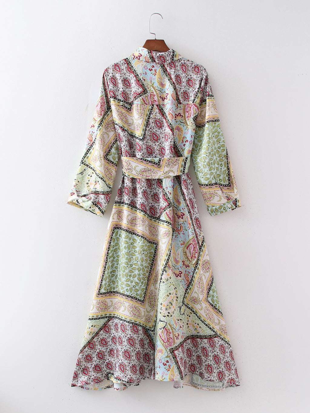 Color-Blocked Floral Patchwork Maxi Dress with Belt