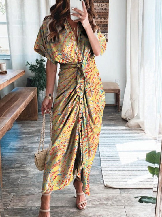 Autumn new short sleeved temperament commuting high waisted printed long dress