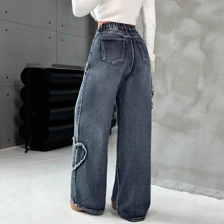 Style Street Retro Heart Frayed Patchwork Heavy Washed Denim Women's Loose Straight Leg Wide Leg Pants Ins