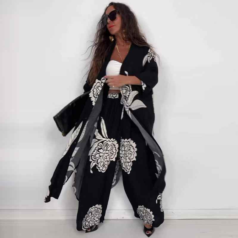 Printed top+wide leg pants two-piece set