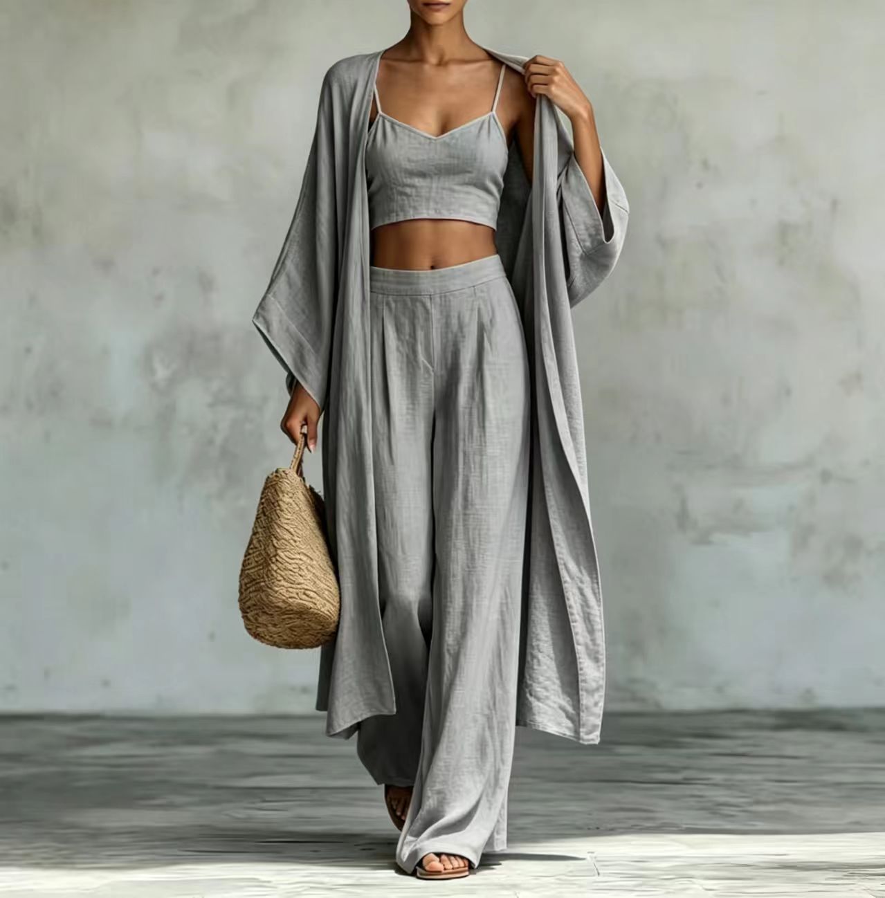 Loose cardigan short strap high waist wide leg pants set eprolo