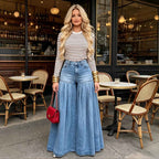 Casual Women's Wide-Leg Flared Jeans with Washed Wrinkle Design Fashionable Denim Pants