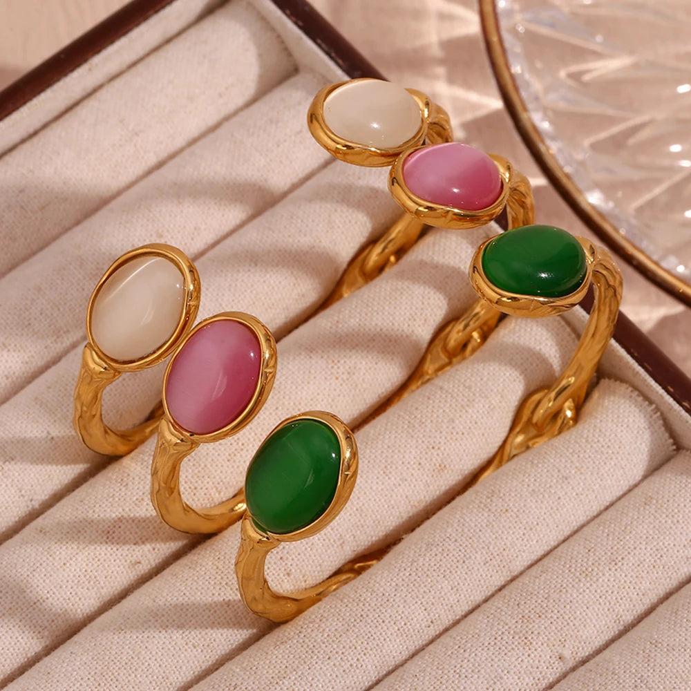 Oval Natural Stone Open Irregular Green Agate Pink Crystal Bracelet 18K Gold Plated 316L Stainless Steel Bracelets for Women eprolo