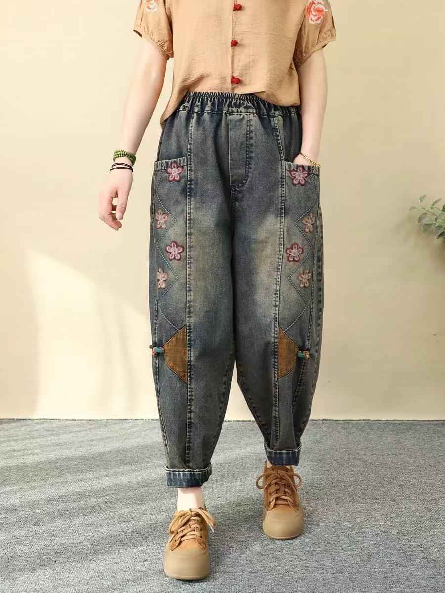 Vintage Ethnic Style Colorful Button Embroidered Denim Pants Women Loose Plus Size Floral Embroidery Nine-Point Harem Pants Spring