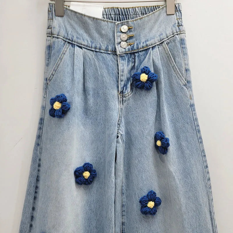 Vintage black floral wide leg jeans with loose fit high waist wide legs floor length pants