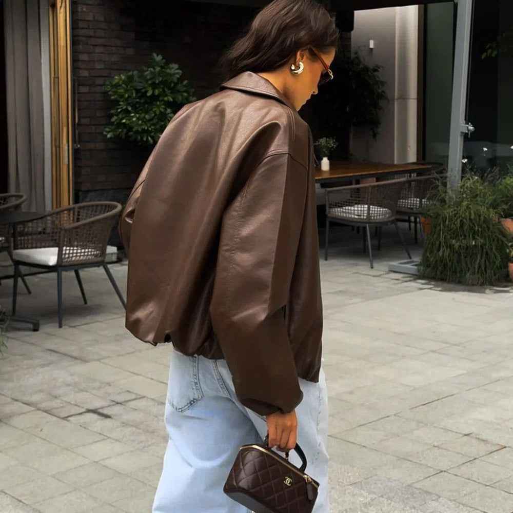 Zipper style faux leather jacket for women's clothing