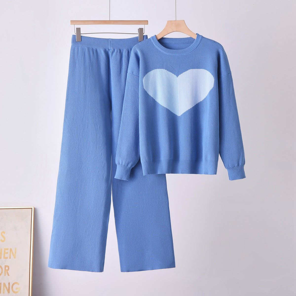 Heart Knit Sweater and Wide-Leg Pants Set