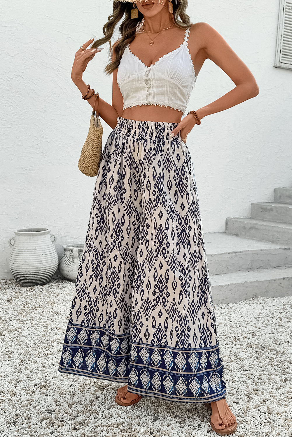 Blue Boho Pattern Print High Waist Wide Leg Loose Pants Dear-Lover Dropshipping