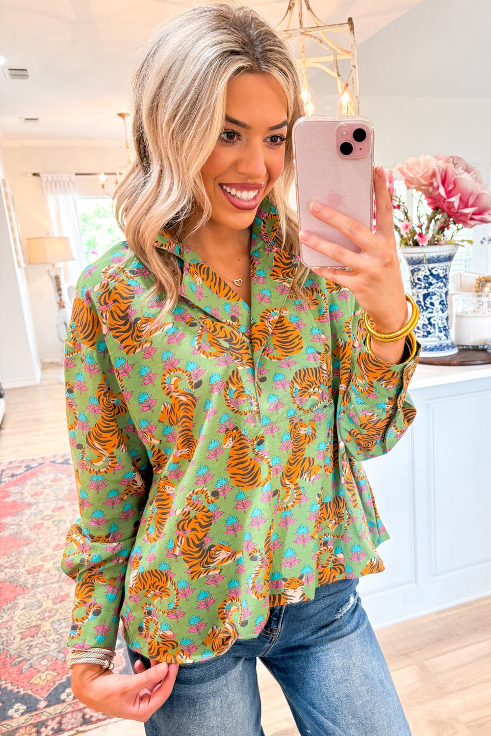 Green Tiger Floral Printed Collared V Neck Casual Shirt Dear-Lover Dropshipping