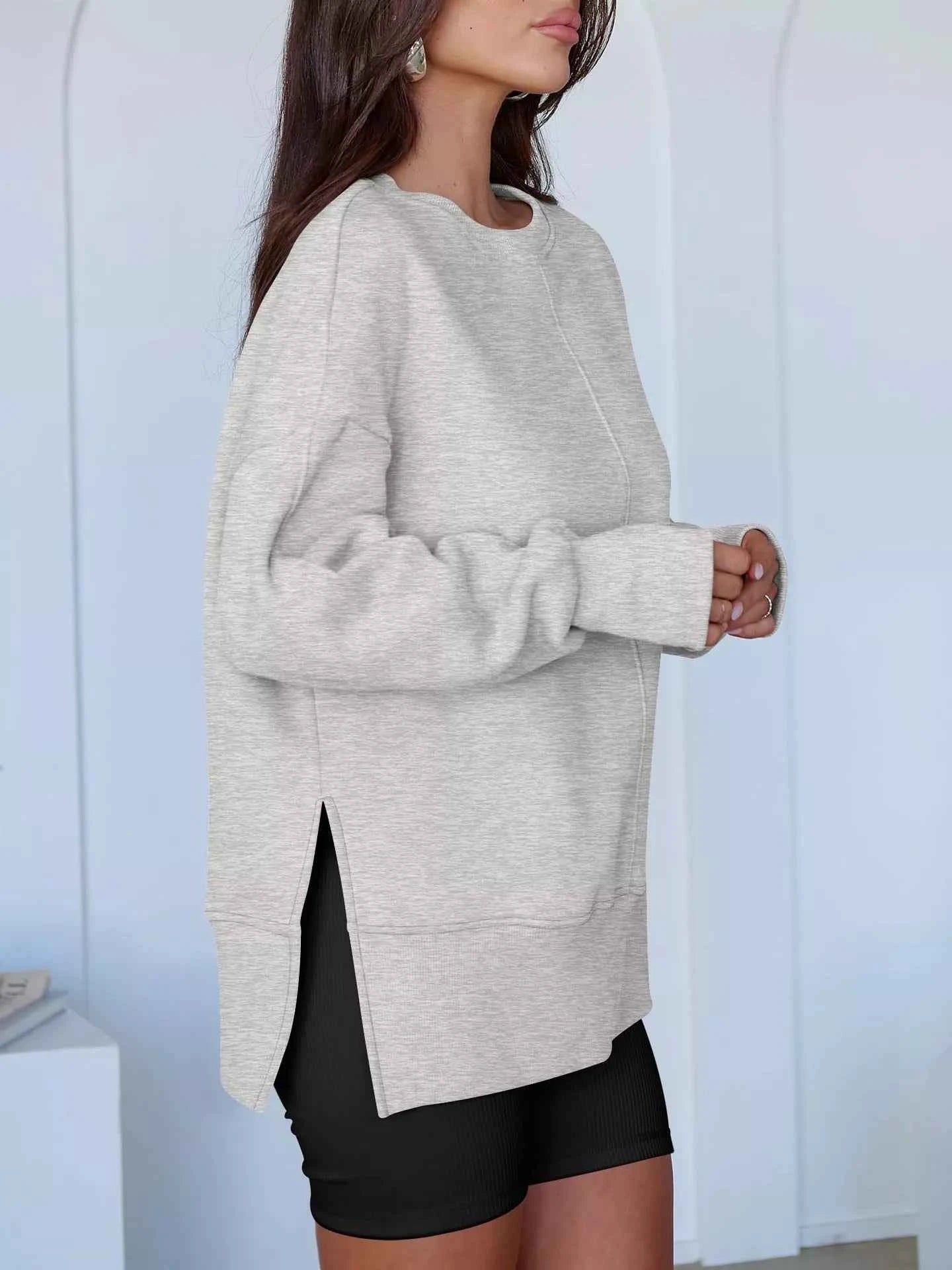 Side Slit Round Neck Long Sleeve Sweatshirt