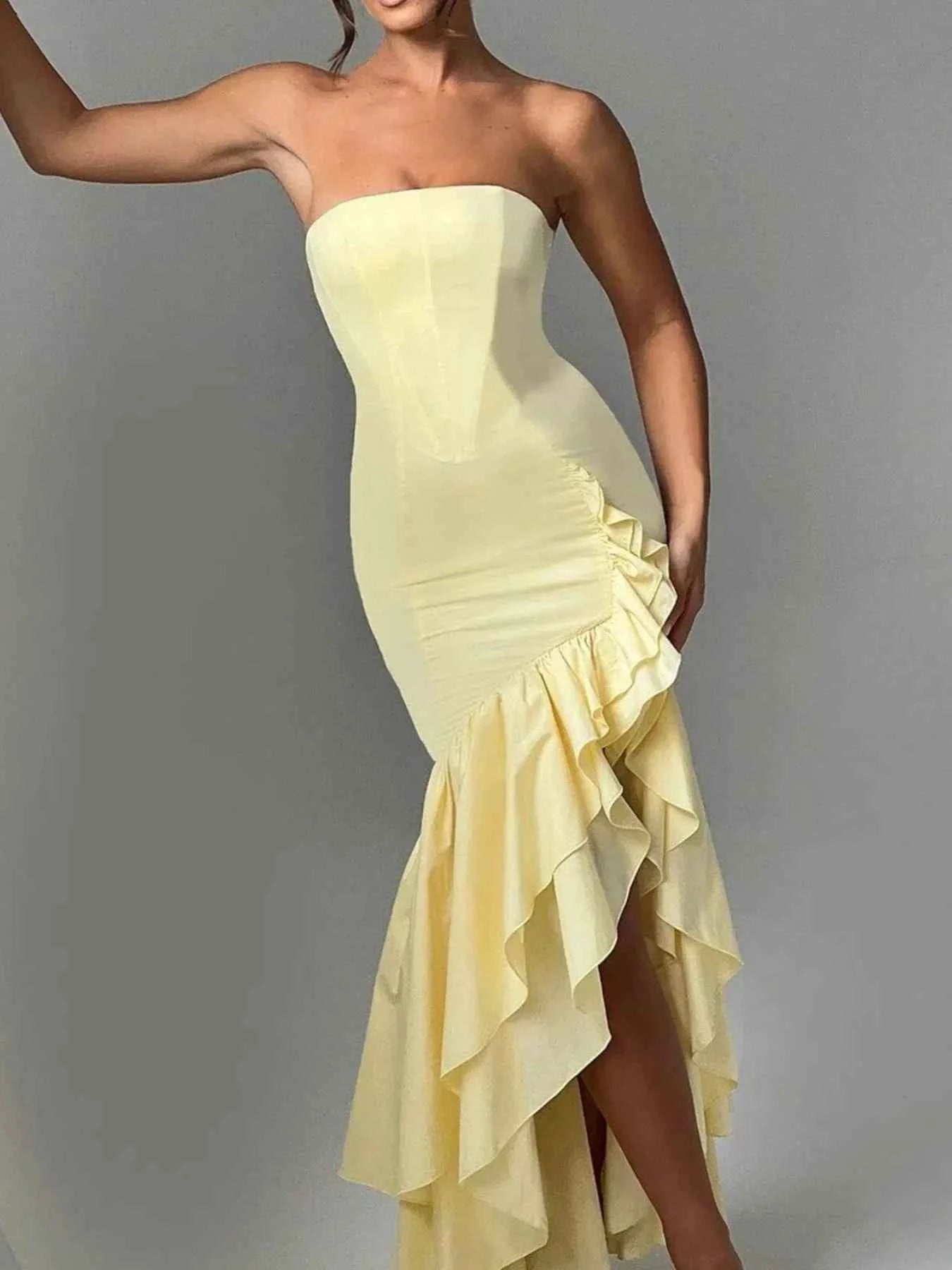 Strapless Ruffle High-Low Bodycon Dress.