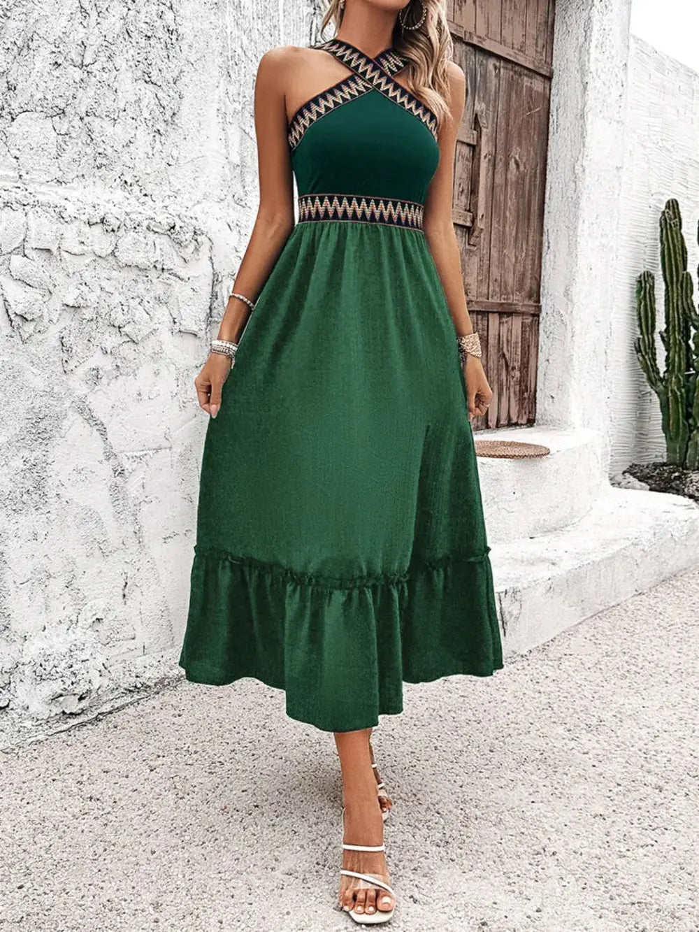 Devine Ruffled Slit Sleeveless Midi Dress.
