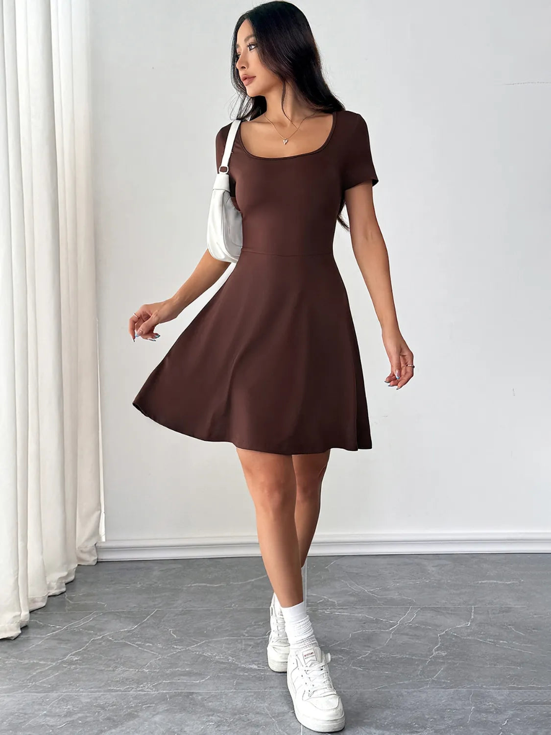 Scoop Neck Short Sleeve Mini Tee Dress with Shorts.
