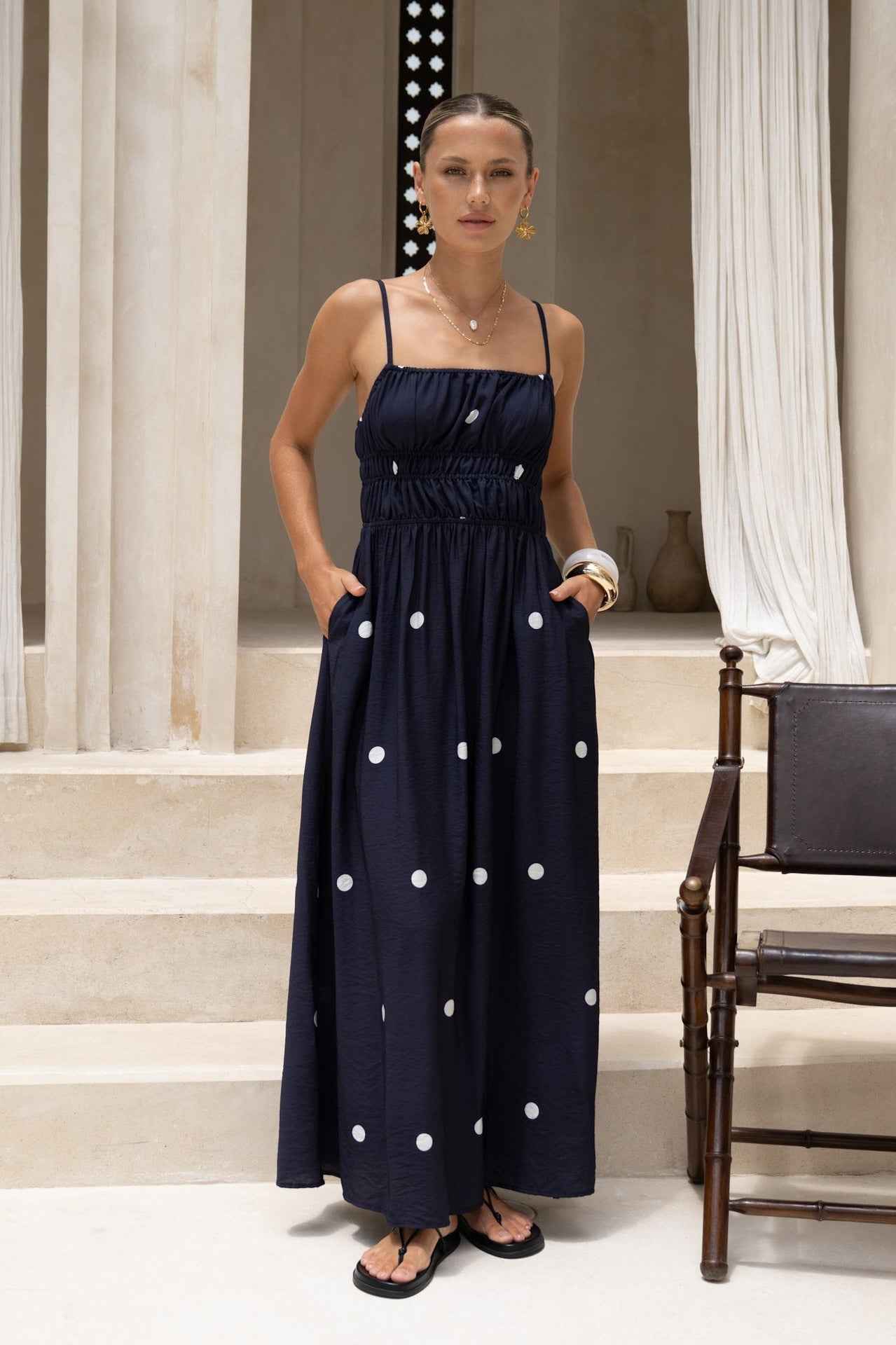 French Spaghetti Strap Ruched Bust White Polka Dot Flowy Maxi Dress