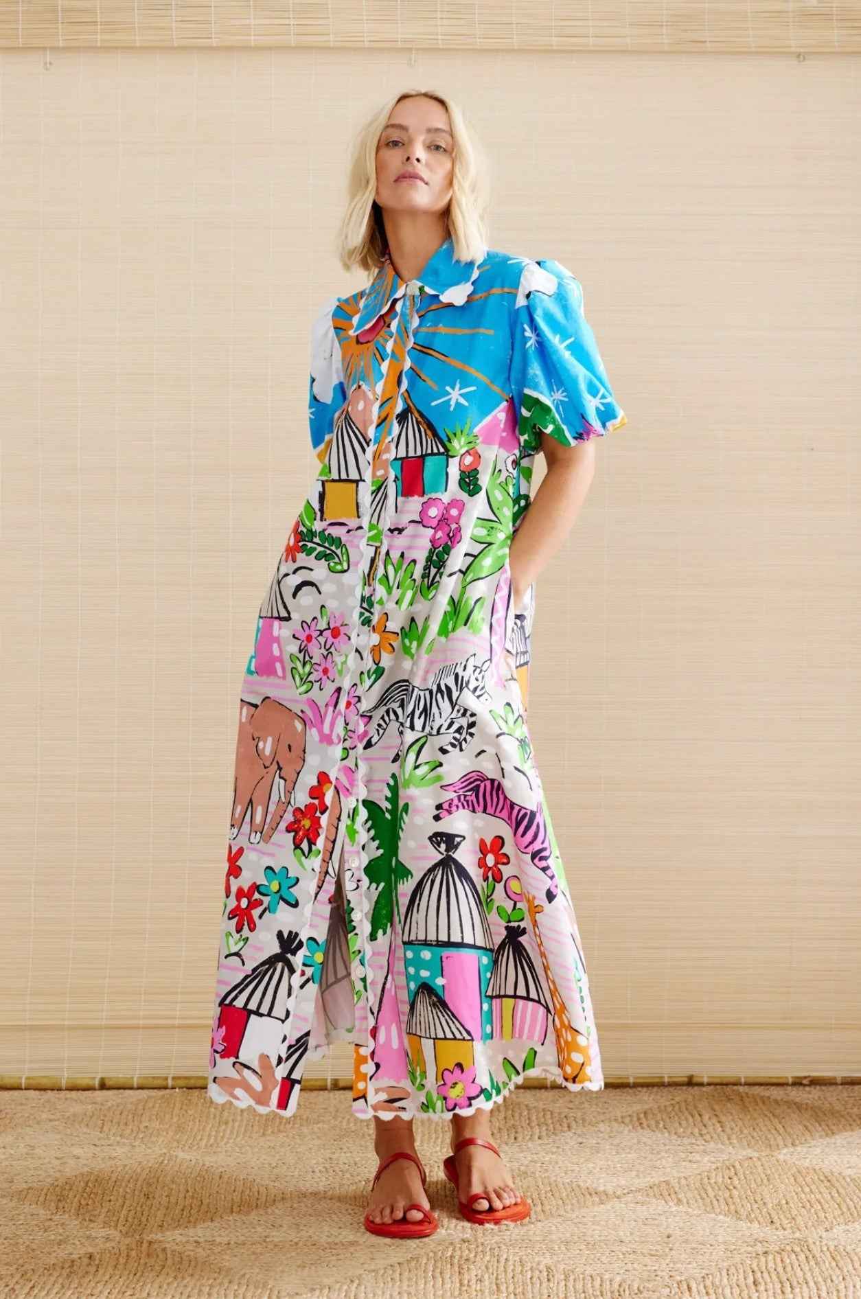 Linen Personality Printed Shirt-collar Cardigan Dress