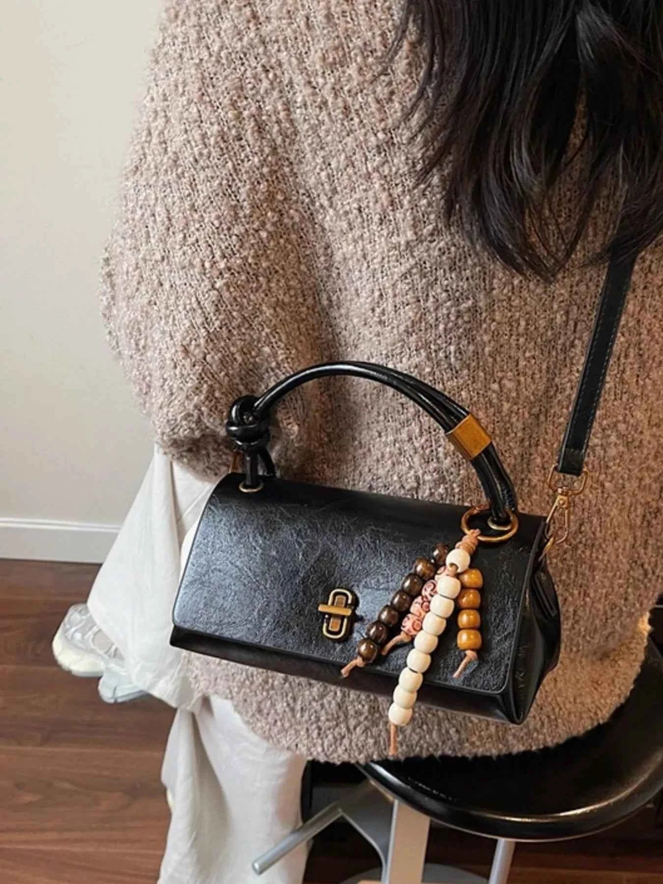 Leather Crossbody Bag with Bead Charm