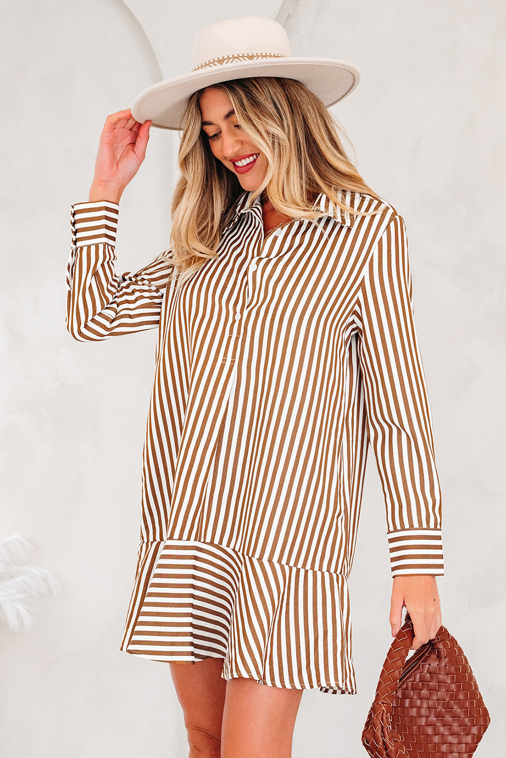Brown Stripe Ruffled Hem Collared Long Sleeve Shirt Mini Dress Dear-Lover Dropshipping