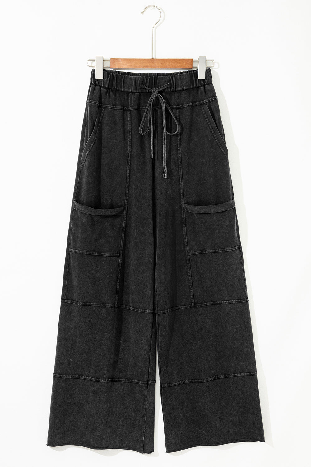 Black Mineral Wash Exposed Seam Drawstring Elastic Waistband Wide Leg Cargo Pants Dear-Lover Dropshipping