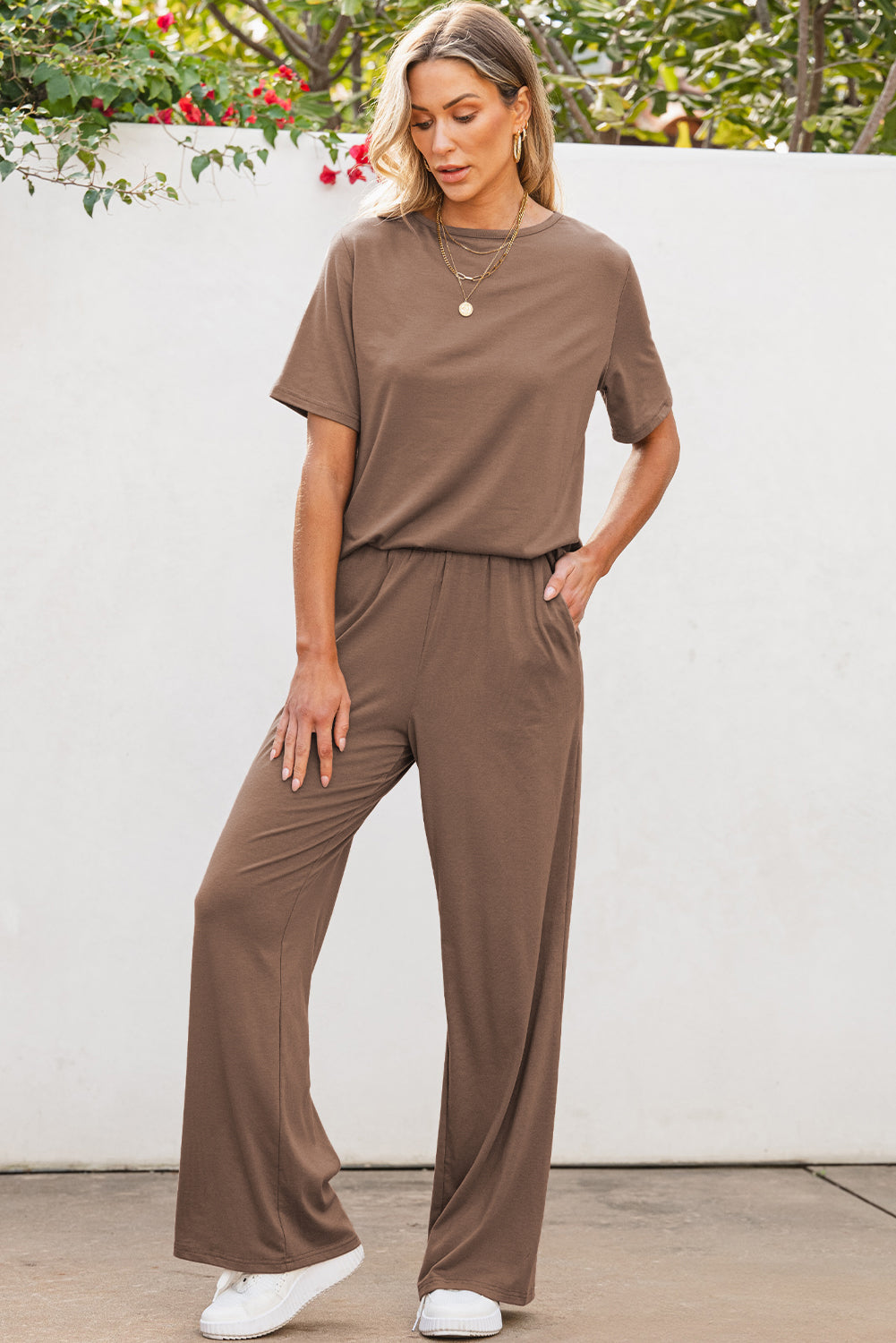 Smoke Gray Solid Color T Shirt 2pcs Wide Leg Pants Set Dear-Lover Dropshipping