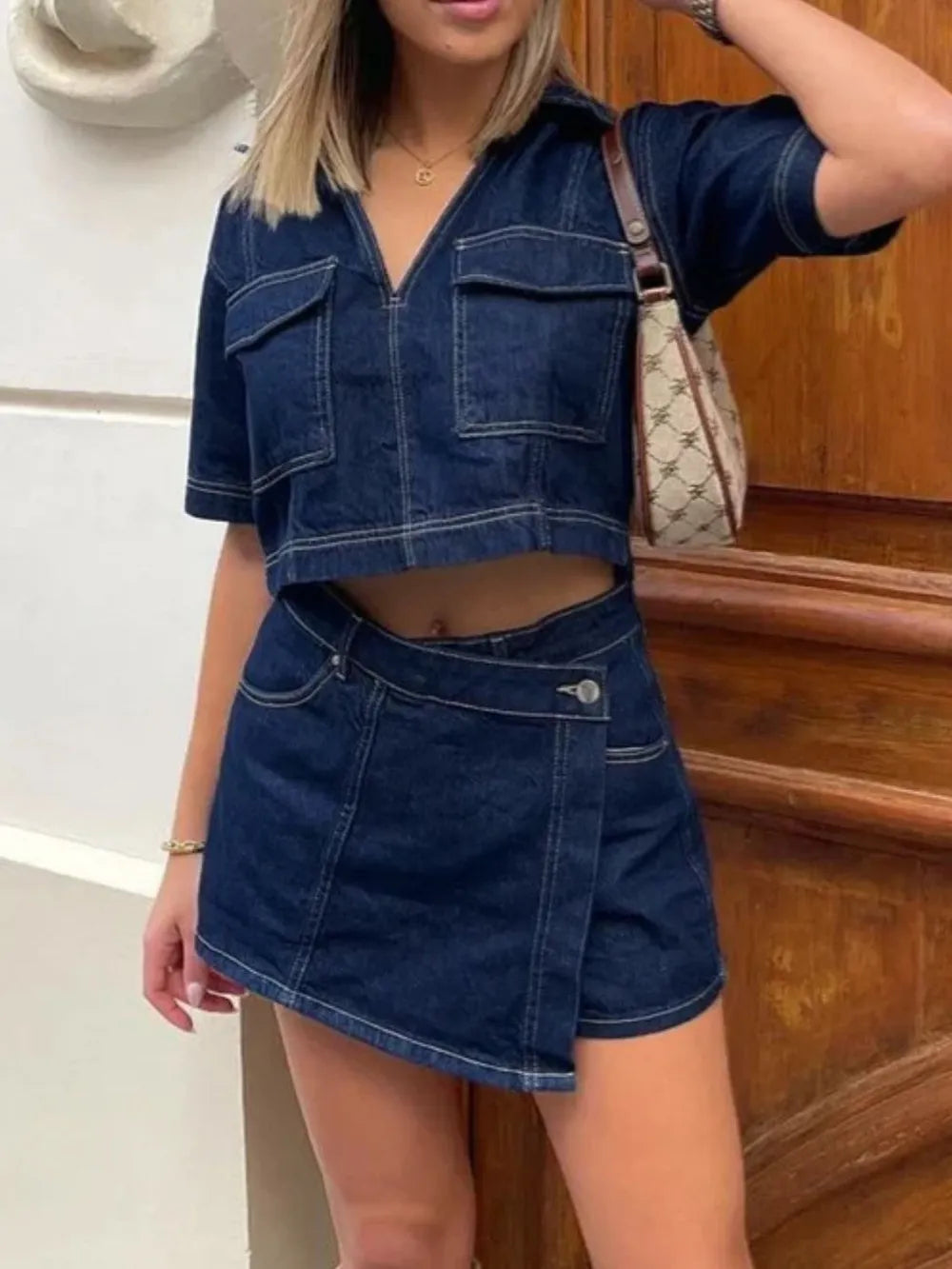 Johnny Collar Short Sleeve Top and Skort Denim Set - CHIC TB
