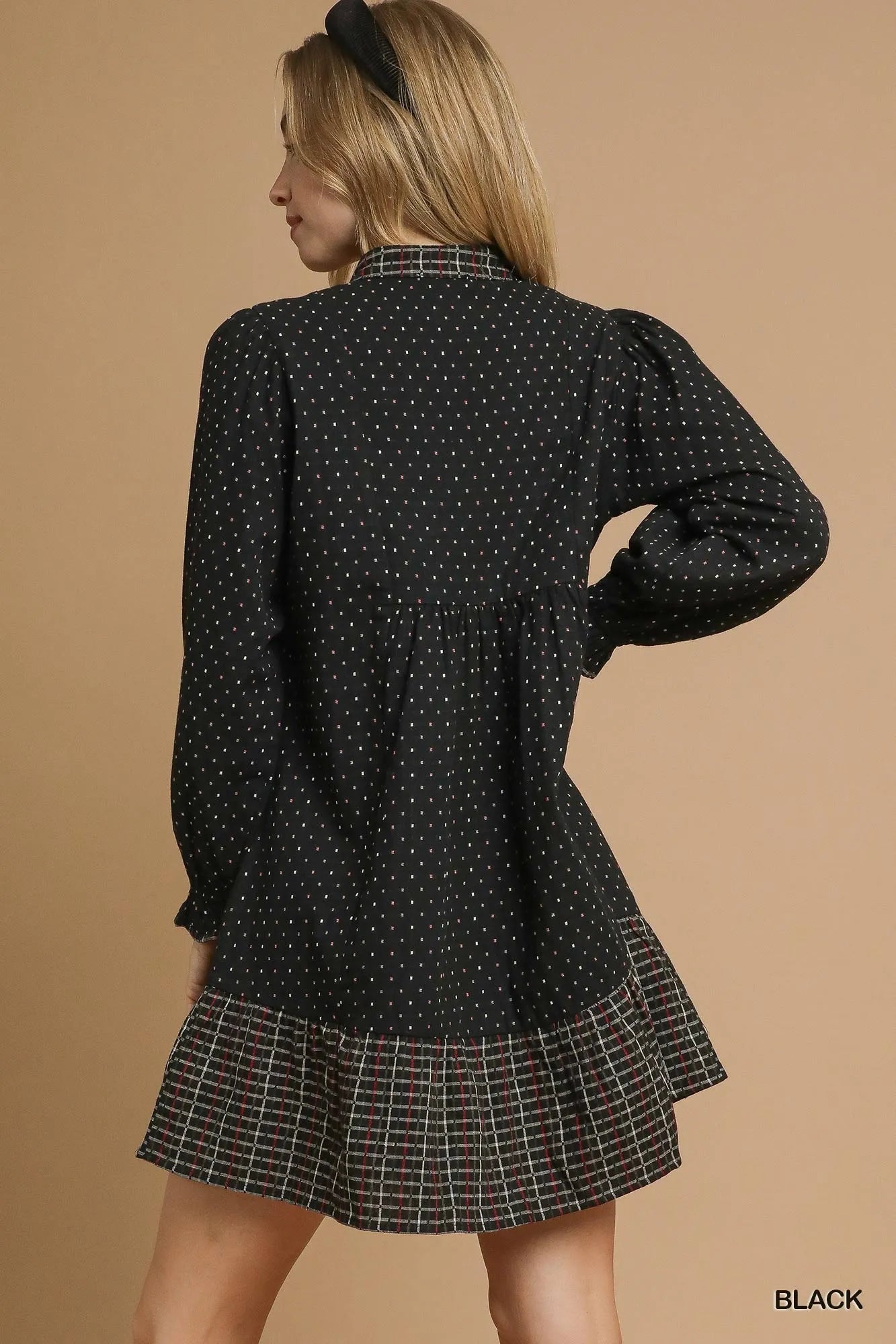 Umgee Polka Dot Plaid Trim Babydoll Dress.