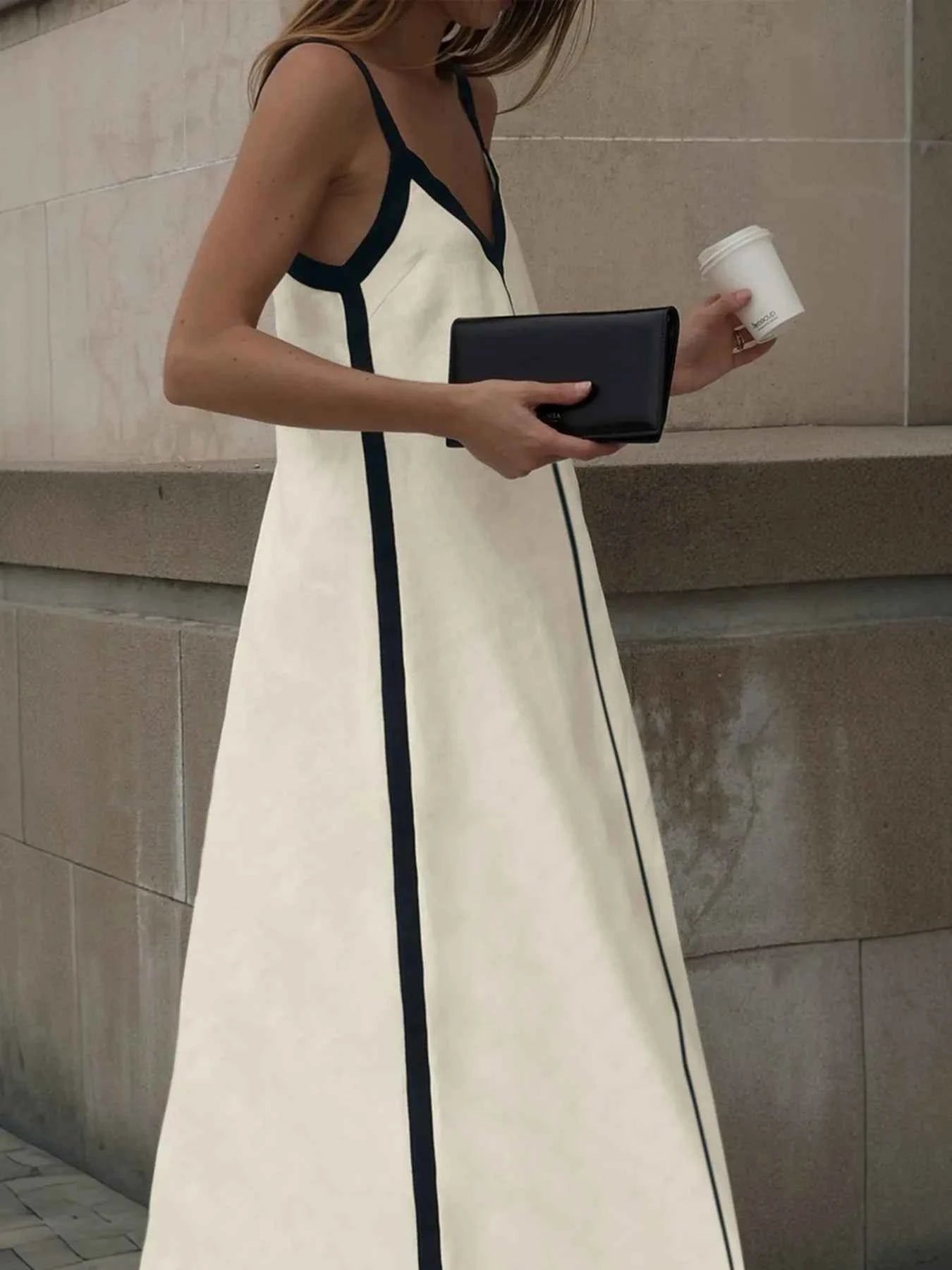 Contrast Trim V-Neck Maxi Dress