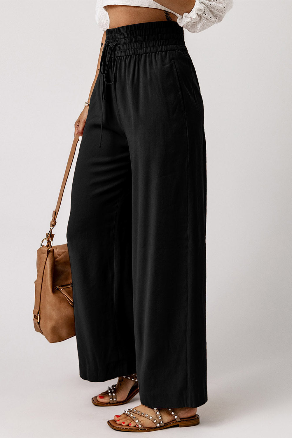 Black Drawstring Elastic Waist Casual Wide Leg Pants Dear-Lover Dropshipping