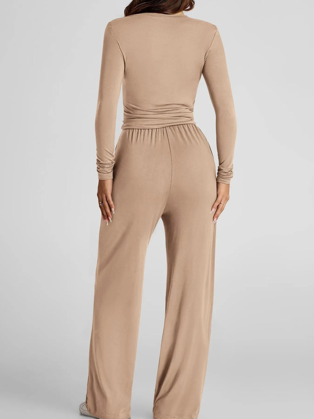 Round Neck Long Sleeve Top and Pants Set.