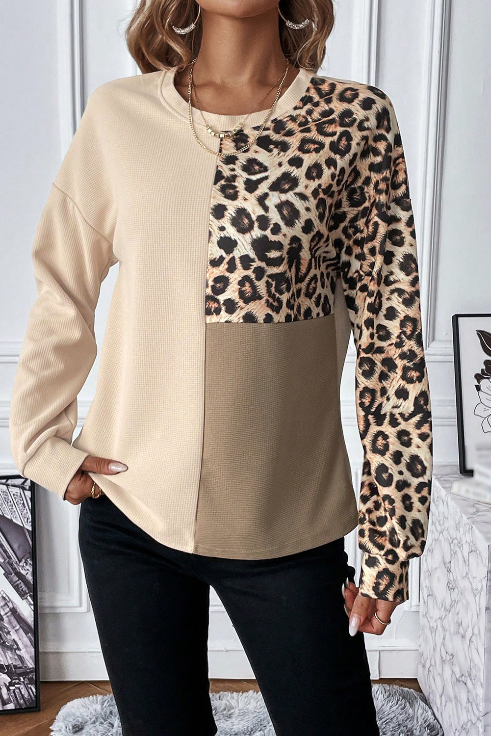 Pale Khaki Leopard Colorblock Waffle Knit Top Dear-Lover Dropshipping